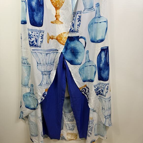 Sassy Jones New Zena Layered Cape Jumpsuit Small Blue Vase Print Puff Sleeve - Picture 3 of 16